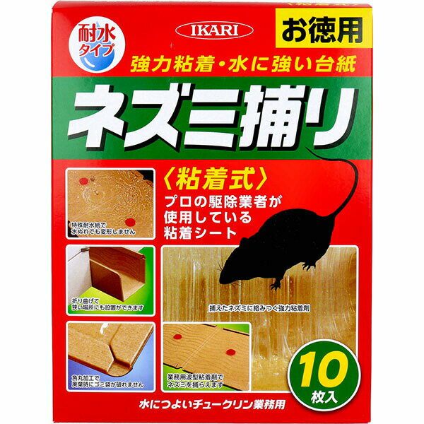 ▼まとめ買いがおすすめ！ 2個セット（必見） 5個セット（特売） 10個セット（格安） ※この商品は配送会社の都合により、北海道・沖縄・離島にはお届けできません。 ご注文が確認された場合、キャンセルさせて頂く可能性がございますのであらかじめご了承くださいプロの駆除業者が使用している粘着シート。●イカリ消毒が実際に業務で使用している耐水性の台紙と波型粘着剤を使用した粘着シートです。●強い粘着力でネズミを捕まえます。●殺鼠剤のような毒性物質を含まないので、安心してお使いいただけます。●特殊耐水紙で水ぬれでも変形しません。●折り曲げて狭い場所にも設置ができます。●角丸加工で廃棄時にゴミ袋が破れません。【使用方法】・ネズミの痕跡(食害や糞尿など)があった場所や物音がした場所などを設置の目安にしてください。・壁際などのネズミの通り道に、なるべく数多く設置してください。・規則正しく並べる方法とランダムに設置する方法があり、どちらかを選択してください。・最低3日間は設置方法を変えず、効果が十分でない場合は反対の方法でも試してください。・粘着シートには、エサを置かずに設置してください。・ネズミの足に付いている水・油を取り除き捕獲しやすくしたり、捕まったネズミによる汚染防止に役立つので、新聞紙を敷いた上に設置することをおすすめします。・足跡を残して逃げてしまった場合は、設置枚数を増やすか、設置場所を変える、新聞紙を敷く等の方法をとり、より捕まえやすくしてください。【粘着剤がついた場合の処理】・水や洗剤では取り除けません。粘着剤が固くなり取りにくくなります。・衣類や絨毯についた場合：キレイに落とすことはできません。小麦粉・ベビーパウダー等を粘着剤にまぶして取り除くことを繰り返し、その後、食用油・ベビーオイル・ベンジンを浸み込ませつまみながら落としてください。(色柄物は柄落ちする場合があります。)もしくはクリーニング店にご相談ください。・ペットや髪、皮膚についた場合：(1)粘着力が落ちるまで小麦粉・ベビーパウダー等をまぶし取り除き(2)食用油・ベビーオイルで拭き取ることを数回繰り返してください。【使用上の注意】・使用前に必ず注意事項をよく読み、定められた使用方法を厳守すること。間違った使い方をすると効果不足や思わぬ事故につながることがあります。・人が常時歩く場所への配置はなるべく避けること。また、人が歩く場所に設置する場合は、貼紙や口頭で注意を促し踏まれないように注意すること。特に子供やペットがいる場所での使用は十分注意すること。・温度が10?35度の範囲で使用すること。低温や高温での使用は効力が低下する場合があります。・火気を避け、なるべく冷暗所で子供の手の届かない場所に保管すること。・粘着剤で衣類・カーテン等につくと取り除くのが非常に困難なので衣類・カーテン等が触れる恐れがある場所での使用は避けること。・ネズミを捕獲した粘着シートは、半分に折りたたんでネズミをしっかりと挟み込み、なるべく早めに「可燃ゴミ」として、各市区町村の区分に従って廃棄すること。個装サイズ：168X217X90mm個装重量：約1350g内容量：10枚ケースサイズ：47X23.4X34.5cmケース重量：約14.3kg製造国：日本【ケース入数：10】【発売元：イカリ消毒株式会社】 【検索用キーワード】 イカリ消毒 サイズ ネズミ 有効成分 まとめ買い スプレー 対策 屋内用 屋外用 抗菌 日本 洗浄 消臭 清潔 粘着シート 耐水 虫よけ 衛生 詰め替え 防カビ※この商品は配送会社の都合により、北海道・沖縄・離島にはお届けできません。 ご注文が確認された場合、キャンセルさせて頂く可能性がございますのであらかじめご了承ください ▼まとめ買いがおすすめ！ 2個セット（人気） 5個セット（必見） 10個セット（お得）