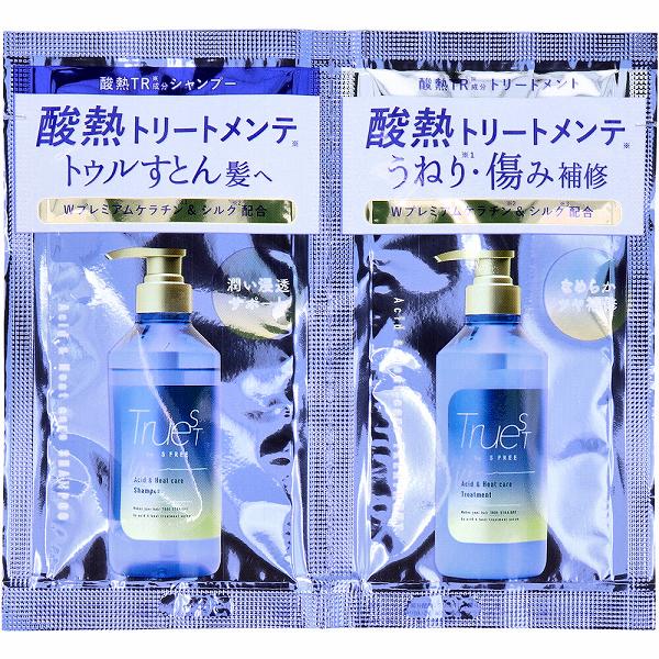 ▼まとめ買いがおすすめ！ 2個セット（特売） 5個セット（人気） 10個セット（限定） 「トゥルすとん」と毛先まで指通りなめらかに。●シャンプー：パサつき×うねり広がりケア。トリートメント成分を髪の芯までとどける浸透型シャンプー。●ヘアトリートメント：ダメージ補修×うねり広がりケア。ヘアアイロンやドライヤーでさらにまとまるツヤ髪に仕上がります。●酸熱トリートメント成分配合。酸：グリオキシル酸・レブリン酸(ヘアコンディショニング成分)熱：ヒートプロテクト成分(γ-ドコサラクトン：ヘアコンディショニング成分)●Wのプレミアムケラチン(カシミア＆フェザーケラチン)＆シルク(ゴールデン＆ボタニカルシルク)配合でハイダメージ補修。●サロン級の髪質改善を自宅で体験！●カームナイトムスクの香り。【化粧品】【成分】★シャンプー水、ココイルメチルタウリンNa、ラウラミドプロピルベタイン、グリセリン、コカミドメチルMEA、コカミドプロピルベタイン、ラウロイルメチルアラニンNa、レブリン酸、グリオキシル酸、加水分解ケラチン(カシミヤヤギ)、加水分解ケラチン、加水分解シルク、シルク、γ-ドコサラクトン、ヘマチン、セラミド2、セラミド5、セラミド3、セラミド6II、セラミド1、オプンティアストレプタカンサエキス、ハベルレアドベンシス葉エキス、ビート根エキス、酵母エキス、マンダリンオレンジ果皮エキス、ワイルドタイムエキス、オリーブ葉エキス、メリッサ葉エキス、トリ(カプリル酸／カプリン酸)グリセリル、ポリクオタニウム-10、ジステアリルジモニウムクロリド、1,2-ヘキサンジオール、カプリリルグリコール、クオタニウム-33、コレステロール、エタノール、クエン酸、EDTA-2Na、PG、BG、フェ ノキシエタノール、メチルパラベン、香料★ヘアトリートメント水、ステアリルアルコール、グリセリン、ハチミツ、ベヘントリモニウムクロリド、ジメチコン、グリオキシル酸、レブリン酸、加水分解ケラチン(カシミヤヤギ)、加水分解ケラチン、シルク、γ-ドコサラクトン、ヘマチン、ハベルレアロドペンシス葉エキス、セラミド2、セラミド5、セラミド3、セラミド6II、セラミド1、酵母エキス、ビート根エキス、マンダリンオレンジ果皮エキス、オリーブ葉エキス、オプンティアストレプタカンサエキス、メリッサ葉エキス、ワイルドタイムエキス、トリ(カプリル酸／カプリン酸)グリセリル、ジステアリルジモニウムクロリド、1,2-ヘキサンジオール、カプリリルグリコール、クオタニウム-33、コレステロール、イソプロパノール、ヒドロキシエチルセルロース、アモジメチコン、ジココジモニウムクロリド、ステアリン酸PEG-55、シクロペンタシロキサン、アミノプロピルジメチコン、ステアルトリモニウムクロリド、PG、BG、エタノール、フェノキシエタノール、香料【使用方法】★シャンプー・適量を手のひらにとって泡立ててから、指の腹でマッサージするようにやさしく洗ってください。その後、すすぎ残しがないようによくすすいでください。★ヘアトリートメント・シャンプーのあと軽く水気を切り、適量を手のひらにとって髪全体になじませてください。その後2?3分おいてからすすぎ残しがないようによくすすいでください。・タオルドライ後、手ぐしを通しながらドライヤーでブローして乾かしてください。【ご注意】・直射日光の当たる場所、極端に高温又は低温の場所での保管は避けてください。・傷やはれもの、しっしん等、異常のある部位には使用しないでください。・お肌に異常が生じていないかよく注意して使用してください。化粧品がお肌に合わない時、即ち使用中、赤み、はれ、かゆみ、色抜け(白斑等)や黒ずみ等の異常が現れた時、使用したお肌に、直射日光があたって上記のような異常が現れた場合は使用を中止してください。なお、異常があらわれた時は、皮膚科専門医等へご相談をおすすめします。・乳幼児の手の届かないところに保管してください。・目に入らないようにご注意ください。目に入ったときはこすらずにすぐに洗い流してください。すすいでも目に異物感が残る場合には、眼科医にご相談ください。・天然成分配合のため、色や香りに変化が生じる可能性がありますが、内容成分に問題はありません。個装サイズ：120X110X4mm個装重量：約21g内容量：10mL+10mLケースサイズ：42.2X24X26.4cmケース重量：約4.34kg製造国：日本 【検索用キーワード】 トライアル シャンプー エスフリー トリートメント プレミアム ヘアトリートメント 詰替用 1個 2個 プロテイン ヘア 日本「トゥルすとん」と毛先まで指通りなめらかに。 ▼まとめ買いがおすすめ！ 2個セット（格安） 5個セット（爆安） 10個セット（爆安）