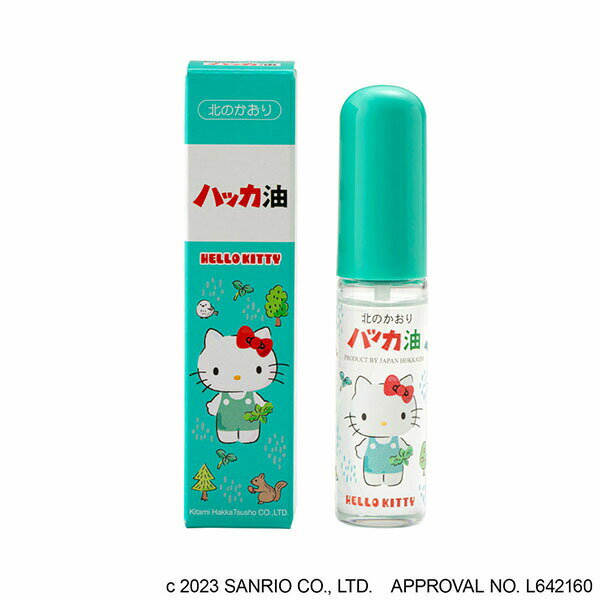 ▼まとめ買いがおすすめ！ 2個セット（必見） 5個セット（特売） 10個セット（爆安） ※この商品は配送会社の都合により、北海道・沖縄・離島にはお届けできません。 ご注文が確認された場合、キャンセルさせて頂く可能性がございますのであらかじめご了承くださいサンリオの人気キャラクター「ハローキティ」とハッカ油がコラボしました。●ハッカ草から水蒸気蒸留により抽出した天然のオイルです。●食品添加物。【原材料】ハッカ油【使用方法】・紅茶やリキュール等に使用する時は、ようじの先がぬれた程度の加減でお試しください。入れ過ぎは風味を損ないます。・ゴルフ・釣・登山等、アウトドアのお供に最適です。・オシボリ、ハンカチ等の着香料、アロマにもご使用ください。・お風呂に数滴、ミントバスをお楽しみください。【注意】・目に入った時、お肌に付いて異常が出た場合は医師に相談してください。・ボトル本体は「ガラス瓶」です。個装サイズ：24X98X24mm個装重量：約35g内容量：11.5mLケースサイズ：24.3X21.4X25.8cm【ケース入数：100】【製造者：株式会社北見ハッカ通商】 【検索用キーワード】 ハッカ油 スプレー ハローキティ キティちゃん 冷感 涼感 爽快 サンリオ 抗菌 ハーブミント ミント 予防 化粧品 屋外 常温 日本 殺菌※この商品は配送会社の都合により、北海道・沖縄・離島にはお届けできません。 ご注文が確認された場合、キャンセルさせて頂く可能性がございますのであらかじめご了承ください ▼まとめ買いがおすすめ！ 2個セット（人気） 5個セット（激安） 10個セット（爆安）