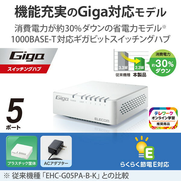 【正規代理店】 エレコム EHC-G05PA4-W Giga対応 スイッチングハブ 5ポートスイッチ プラ筐体 / ACアダプター プラスチック筐体 5ポート 電源外付モデル ホワイト ELECOM 1年保証 ギガビット対応 パソコン 省エネ機能 ファンレス 壁掛け設置対応 送料無料 2