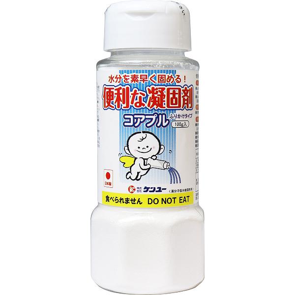 ▼まとめ買いがおすすめ！ 2個セット（特売） 3個セット（人気） 5個セット（爆安） 6個セット（限定） 8個セット（人気） 9個セット（格安） 10個セット（限定） 12個セット（限定） 15個セット（激安） 20個セット（お得） ※この商品は配送会社の都合により、北海道・沖縄・離島にはお届けできません。 ご注文が確認された場合、キャンセルさせて頂く可能性がございますのであらかじめご了承ください。水分を素早く固める！●1gあたり水約300mL、生理食塩水約60mLを素早くゼリー状に固めます。●まんべんなく簡単に振りかけられます。(固まり具合を見ながら使用して下さい。)●用途例。・断水時のトイレに・・・便器にポリ袋等をつけて用を足しその後振り掛ける。・各種トイレに・・・おまる、し瓶、ペットのトイレ等。・食べ残した汁等に・・・固めた物は食べられません。・染筆した筆を洗った後の汚水等に・・・水溶性のみ。・灰皿等の廃液等に・・・火が残った状態で使用しない。※食べられません。【成分】高分子吸水樹脂【使用方法】水性物にふりかける。【注意】・最初に中ふたを取ってから使用して下さい。・本品及び凝固物は食べられません。食べた場合は本品とパッケージを持参し医師に相談して下さい。・凝固剤が肌に触れないようにして下さい。肌に付着した場合は、速やかに洗い流して下さい。・幼児の手の届かない所に保管して下さい。・火にふりかけないで下さい。・油は固まりません。・固まり具合が異なったり、固まりにくかったりする物もあります。具合を見ながら使用して下さい。・使用前に軽く振って下さい。ダマがある場合、粉をほぐすためによく振って下さい。・開封後はしっかりとフタを閉めて保管して下さい。・高温多湿、直射日光を避けて保管して下さい。・尿などを固める場合、服用している薬の種類や尿の個人差により固まりにくい場合があります。・凝固させたものを直射日光に当て続けたり、明るい所で保管したりしないで下さい。凝固がゆるくなることがあります。・処分方法は各地方自治体の条例に従って下さい。個装サイズ：57X138X57mm個装重量：約133g内容量：100g製造国：日本 【検索用キーワード】 100g 雑貨 おしゃれ かわいい まとめ買い オシャレ キレイ パーティー 便利※この商品は配送会社の都合により、北海道・沖縄・離島にはお届けできません。 ご注文が確認された場合、キャンセルさせて頂く可能性がございますのであらかじめご了承ください。 ▼まとめ買いがおすすめ！ 2個セット（激安） 3個セット（限定） 5個セット（爆安） 6個セット（人気） 8個セット（必見） 9個セット（激安） 10個セット（お得） 12個セット（必見） 15個セット（お得） 20個セット（人気）