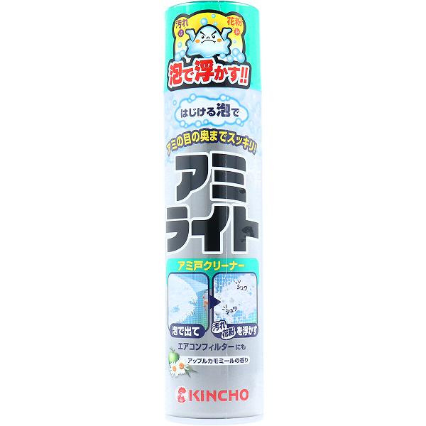 ▼まとめ買いがおすすめ！ 2個セット（限定） 4個セット（限定） 5個セット（激安） 6個セット（激安） 7個セット（格安） 8個セット（激安） 9個セット（人気） 10個セット（人気） 11個セット（格安） 24個セット（激安） ※この商品は配送会社の都合により、北海道・沖縄・離島にはお届けできません。 ご注文が確認された場合、キャンセルさせて頂く可能性がございますのであらかじめご了承ください。はじける泡が汚れ＆花粉を浮き出す！アミ戸はもちろん、エアコンのフィルターにも。取り外しのできないアミ戸もそのままで洗浄することができます。●使用方法は、カンタン4STEP！(1)アミにしっかり付着(2)次々と泡がはじけ汚れや花粉を浮かす(3)汚れが垂れ落ちる(4)水をかけて洗い流す(または拭き取る)●さわやかなアップルカモミールの香りアップルカモミールの香り。さわやかな香りで楽しくお掃除できます。●エアコンフィルターにも使える取り外してスプレーし、泡が消えたら水で洗い流すだけ！【品名】アミ戸用合成洗剤【成分】界面活性剤(1％ アルキルアミンオキシド)、溶剤(エチルアルコール)、キレート剤、泡調整剤【液性】中性【使用方法】・缶をよく振ってから使用すること。・缶を逆さにして使わないこと。・顔等にかかる恐れがあるので風の強い日には使わないこと。・動植物(魚類を含む)にかからないよう注意すること。★屋外からスプレーできるアミ戸には屋内に入らないようにガラス窓を閉め、20cm位離して全体にむらなくスプレーし、泡が消えたら、ホースやじょうろで水をかけること。※水のかけられない場所では、固く絞った布等で拭き取ること。※ひどい汚れには、スポンジ等で軽くこすり洗いすると効果的です。★屋外からスプレーできないアミ戸には室内からスプレーし、泡をぬり広げるようにしてスポンジ等で軽くこすり、固く絞った布等で拭き取ること。※周囲に洗浄液がかからないよう新聞紙等で覆ってからスプレーすること。★エアコンのフィルターには取り外してスプレーし、泡が消えたらホース等で水をかけて洗浄すること。※エアコン本体の洗浄には使用できません。※ホコリ等を掃除機で吸い取ってからスプレーすると効果的です。【使用量の目安】1平方メートルに対して約14秒噴射(1本で約5?7平方メートル洗えます。)【注意】・用途外に使わないこと。・荒れ性の方や長時間使用する場合は炊事用手袋を使うこと。・液が目に入らないように注意すること。・使用後は手を水でよく洗い、クリーム等で手入れすること。・夏場の車内、ファンヒーターなどの暖房器具や加熱源の周囲には置かないこと。・水回りや湿気の多い場所は、缶が錆びて破裂する恐れがあるので置かないこと。・子供の手が届く所に置かないこと。・捨てる時は火気のない屋外で噴射音が消えるまでボタンを押しガスをぬくこと。・泡が手にたれてくることがあるため、ノズル先端に泡が付着した場合はすぐ雑巾等で拭き取ること。・ガラスや床等についた液はすぐに水拭きすること。乾いて拭き取りにくくなった場合は、水をかけるか、ゆるく絞った雑巾で拭いたあと、かたく絞った雑巾で拭き取ること。・室内でスプレーする場合は、窓を開けたり換気扇をまわす等して、換気のよい状態で使用すること。・一部の塗装面(アルミサッシ、壁等)はシミになる恐れがあるので、付着した場合はすぐに水拭きすること。※火気と高温に注意高圧ガス：LPG個装サイズ：53X215X53mm個装重量：約336g内容量：290mLケースサイズ：34X24X23cmケース重量：約8kg製造国：日本 【検索用キーワード】 大日本除蟲菊 KINCHO 網戸掃除 キンチョウ 花粉※この商品は配送会社の都合により、北海道・沖縄・離島にはお届けできません。 ご注文が確認された場合、キャンセルさせて頂く可能性がございますのであらかじめご了承ください。 ▼まとめ買いがおすすめ！ 2個セット（お得） 4個セット（特売） 5個セット（お得） 6個セット（爆安） 7個セット（特売） 8個セット（特売） 9個セット（激安） 10個セット（必見） 11個セット（お得） 24個セット（人気）