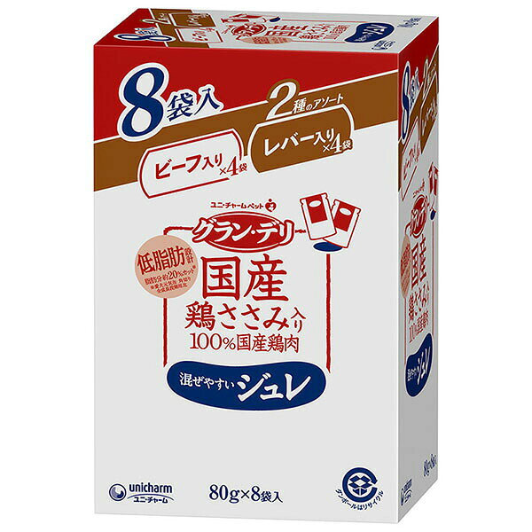 ユニチャーム グラン デリ 国産鶏ささみ パウチ ジュレ 成犬用 8袋パック ビーフ入り レバー入り 80g ×8 ウエットパウチ 犬 年齢指定なし 一般食 日本製 ユニ チャーム unicharm 犬用フード ドッグフード 低脂肪 国産 グランデリ 安心素材 価格は1個のお値段です