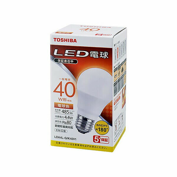 General Light Bulbs - 東芝 4580625137306 LED電球 A形 (40W形/485lm/4.4W/電球色/E26/広配光180°/密閉形器具対応) 東芝ライテック 広配光 電球色 一般電球形 広配光タイプ