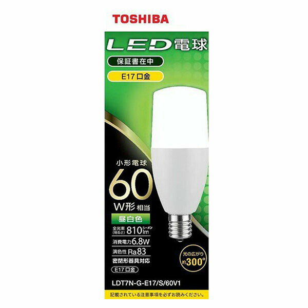 ※この商品はお取り寄せの為、お届けまでお時間をいただく可能性がございます。あらかじめご了承ください。●一般電球60W形相当●断熱材施工器具対応●密閉形器具対応●電球形蛍光ランプ（D形）と同等の配光角約300度●昼白色●口金はE17●LED5年保証【仕様】■寸法：全長…108mm、外径…40mm■質量：46g■定格消費電力：6.8W■定格入力電流：0.120A■全光束：810 lm■エネルギー消費効率：119.1 lm/W■平均演色評価数：Ra83■定格寿命：40000h【ご注意】※次のような器具には使用できません。・調光機能のついた器具（100%点灯でも使用不可）・誘導灯、非常用照明器具・水銀灯器具など 【検索用キーワード】 昼白色 LED電球 口金E17 東芝 E17口金