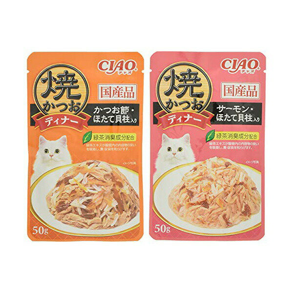 Ciao - いなば 焼かつお・焼ささみディナー かつお節・サーモンバラエティ 6袋入り 50gx6 ゼリー 国産品 一般食 IC-397 いなばペットフード 緑茶消臭成分配合 IC397 キャットフード ゼリータイプ エクプラ特選 猫用フード 焼かつお ディナー 安心素材 価格は1個のお値段です