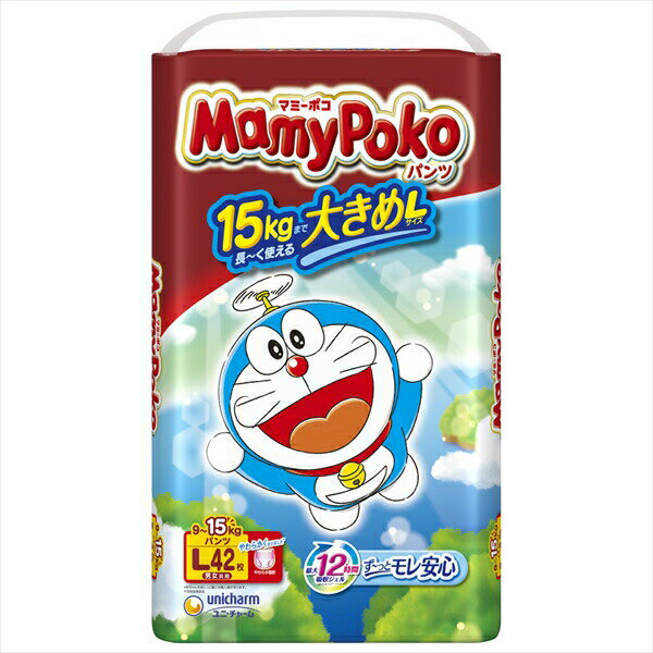※この商品は配送会社の都合により、北海道・沖縄・離島にはお届けできません。 ご注文が確認された場合、キャンセルさせて頂く可能性がございますのであらかじめご了承ください。 ▼まとめ買いがおすすめ！ 4個セット（必見） 最大12時間の吸収ジェルを採用した、9〜15kg用のLサイズパンツ型紙おむつ。ドラえもんのキャラクターデザイン。【セット内容】●こども用紙おむつ × 4個●1個の入数：42枚【特徴】●最大12時間吸収ジェルが繰り返しのおしっこをたっぷり引き込んで素早く吸収する●おへそまでしっかり引き上げるおへそすっぽりシェイプで、たくさん遊んで動いてもモレにくい●トリプルブロックギャザーが足回りにしっかりフィットし続ける●ウエストは超ふわふわで足回りは超なめらかな設計●のびのびフィットで履かせやすい構造【仕様】材質表面材：ポリオレフィン不織布、吸水材：綿状パルプ・吸水紙・高分子吸水材、防水材：ポリオレフィンフィルム、止着材：ポリオレフィン、伸縮材：ポリウレタン、結合材：スチレン系エラストマー合成樹脂、外装材：ポリエチレンサイズ402mm×232mm×150mm入数42枚対象年齢9〜15kg重量1286.4gカラードラえもんデザイン【使用場所】●外出時　●寝ている時【ご注意】●赤ちゃんのおしっこ量には個人差があります●汚れた紙おむつは早くとりかえてください●紙おむつに付着した大便はトイレに始末してください●汚れた部分を内側にして丸めて、不衛生にならないように処理してください●トイレに紙おむつを流さないでください●使用後の紙おむつの廃棄方法は、お住まいの地域のルールに従ってください●外出時に使った紙おむつは持ち帰りましょう●テープは直接お肌につけないでください●誤って口に入れたり、のどにつまらせることのないよう、保管場所に注意し、使用後はすぐに処理してください●開封後は、ほこりや虫が入らないよう、衛生的に保管してください※この商品は配送会社の都合により、北海道・沖縄・離島にはお届けできません。 ご注文が確認された場合、キャンセルさせて頂く可能性がございますのであらかじめご了承ください。 最大12時間の吸収ジェルを採用した、9〜15kg用のLサイズパンツ型紙おむつ。ドラえもんのキャラクターデザイン。サイズ：402mm×232mm×150mm　入数：42枚　重量：1286.4g4個セットでお届け。外出時、寝ている時などに。 ▼まとめ買いがおすすめ！ 4個セット（爆安）
