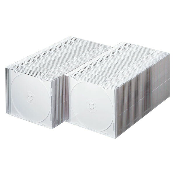 薄さ約5mmのスリムタイプで、100%バージンPS樹脂を使用したBlu-ray・DVD・CDケース100枚セット。【特徴】●従来のCDケースの約半分の薄さで省スペースに収納できる●バージンPS樹脂材を使用しているため臭いが少ない●耐久性が高い【仕様】サイズ薄さ約5mm入数100枚対応機種Blu-ray・DVD・CDカラーホワイト材質100%バージンPS樹脂【使用場所】●CD収納　●DVD保管　●Blu-rayメディア保管薄さ約5mmのスリムタイプで、100%バージンPS樹脂を使用したBlu-ray・DVD・CDケース100枚セット。サイズ：薄さ約5mm　入数：100枚CD収納、DVD保管、Blu-rayメディア保管などに。