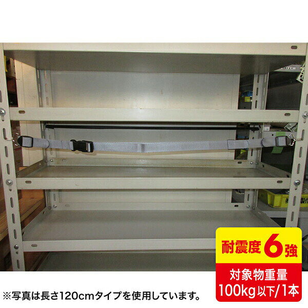 オープン棚に収められた書類やケースなどの落下を防止するベルト。【特徴】●フック式で棚の支柱穴に引っ掛けるだけで簡易設置できる●ベルトは着脱バックル付きなので収納物の出し入れが容易●収納物に合わせて任意の高さに設置可能【仕様】材質ポリアセタール / ポリプロピレン / めっき処理鉄サイズ長さ900mm重量60.0g耐荷重100kg【使用場所】●オープン棚　●什器【ご注意】●耐震度：震度6強オープン棚に収められた書類やケースなどの落下を防止するベルト。サイズ：長さ900mm　重量：60.0g　耐荷重：100kgオープン棚、什器などに。