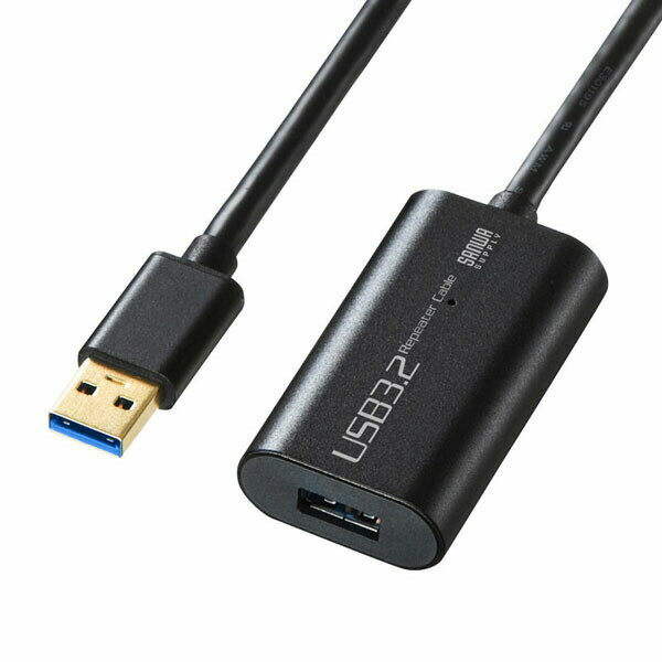 USB3.2 Gen1(USB3.1/3.0)信号を5m延長できるUSB3.2アクティブリピーターケーブル。●USB2.0の約10倍（5Gbps）の転送速度に対応したUSB3.2 Gen1（USB3.1/3.0）アクティブリピーターケーブルです。 ●USB3.2 Gen1（USB3.1/3.0）のスーパースピードモード（5Gbps）[規格値]に対応しています。 ●USB3.2 Gen1（USB3.1/3.0）信号を5m延長することができます。●内部にリピーター機能を持つICを内蔵しているため安定した延長伝送が可能です。●バスパワーでの動作も可能です。※接続環境・機器によってはACアダプタが必要です。●最大3本まで連結（デイジーチェーン）接続すれば、最大17m (5m+5m+5m+2m）まで延長できます。※デイジーチェーン接続時には、消費電流が大きなバスパワーのUSB機器は動作しません。※消費電流は最大約91mAです。（3本のデイジーチェーン接続の場合、合計で最大273mAとなります）※全ての機器での動作を保証するものではありません。　＜ご購入前にご確認ください＞※安定した動作・認識をするために接続するUSB周辺機器はセルフパワーで動作する機器を推奨します。※2本連結時などに消費電力の大きいバスパワー動作の周辺機器を接続した場合、機器を認識しない場合があります。（ポータブルHDDなど）※本製品は、USB3.2 Gen1規格に対応しておりますが、USB3.2 Gen1（USB3.1/USB3.0）の理論値（5Gbps）の転送速度を保証するものではありません。※本製品のUSB AポートにはUSB2.0/1.1規格の機器を接続できますが、転送速度はUSB2.0/1.1の転送速度になります。※全てのUSB機器で動作を保障するものではありません。※USB3.2 Gen2には対応していません。※USB3.2 Gen1はUSB-IF（USB Implementers Forum）によりUSB3.1 Gen1/3.0が名称変更されたもので同じ規格です。■インターフェース：USB仕様 Ver.3.2 Gen1（USB3.1 Gen1/USB3.0）準拠（USB Ver.2.0/1.1上位互換）■通信速度：5Gbps、480Mbps、12Mbps、1.5Mbps■コネクタ形状：USB3.2 Gen1（USB3.1/3.0）Aコネクタ メス×1（ダウンストリーム）USB3.2 Gen1（USB3.1/3.0）Aコネクタ オス×1（アップストリーム）■電源：セルフパワー/バスパワー■消費電流：最大91mA■重量：約256gアダプタ/約84g■ケーブル長：5m■セット内容：本体、ACアダプタ（5V 2.0A、ケーブル長/約1.5m）■対応機種： Windows搭載（DOS/V）パソコン、Apple Macシリーズ ※標準で各種対応のUSBポートを持ち、パソコン本体メーカーがUSBポートの動作保証をしている機種。※USB3.2 Gen1（USB3.1/USB3.0）の環境で動作させるためにはパソコン本体にUSB3.2 Gen1（USB3.1/USB3.0）ポートが搭載されており、接続するケーブルや機器についてもUSB3.2 Gen1（USB3.1/USB3.0）に対応している必要があります。※USB 2.0/1.1規格の製品を接続する場合、最大転送速度は遅いほうの規格になります。※本製品は、USB3.2 Gen1（USB3.1/USB3.0）規格に対応していますが、USB3.2 Gen1（USB3.1/USB3.0）の理論値（5Gbps）の転送速度を保証するものではありません。※パソコン・USB機器により対応できないものもあります。※機種により対応できないものもあります。※USBスキャナやスキャナを搭載した複合機、USB機器の認識にシビアなUSB機器についてUSBハブ経由では正常に動作しない場合があります。※本製品はセルフパワー・バスパワーの両方に対応していますが、接続する周辺機器により動作しない場合があります。■対応OS： Windows 11・10・8.1・8（64bit/32bit）・7（64bit/32bit）macOS 12・11、macOS 10.12〜10.15、Mac OS X 10.0〜10.11、Mac OS 8.6〜9.2