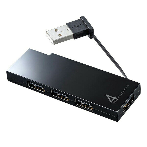 USB2.0対応の4ポートUSBハブ。ケーブルを本体に収納でき、バスパワー駆動で持ち運びに便利です。【特徴】●ケーブル長6cmでノートパソコンやネットブック、ゲーム機での使用に最適●USB2.0とUSB1.1両方の転送速度に対応●ACアダプタ不要のバスパワータイプ●コンパクトなデザインで省スペース設置可能●USB接続ケーブルを本体に収納できる【仕様】サイズ幅84mm×奥行30mm×高さ9mm(本体部)入数1対応機種Windows搭載(DOS/V)パソコン、NEC PC98-NXシリーズ、Apple Macシリーズ(USBポートを持ち、パソコン本体メーカーがUSBポートの動作を保証している機種)カラーブラック対応規格USB仕様Ver2.0準拠(USBVer1.1上位互換)ケーブル長約6cmコネクタ形状USB Aコネクタ メス×4(ダウンストリーム)、USB Aコネクタ オス×1(アップストリーム)規格通信速度480Mbps/12Mbps/1.5Mbps(理論値)重量約20g注意USB1.1インターフェースに接続した場合はUSB1.1互換で動作します。全てのUSB機器に接続できるものではありません。USBスキャナーやスキャナー搭載複合機、USB機器の認識にシビアなUSB機器についてはUSBハブ経由では正常に動作しない場合があります。接続する機器の消費電流が最大400mA(全ポート合計)を超える場合、バスパワーで正常に動作しない場合があります。【使用場所】●ノートパソコン　●ネットブック　●ゲーム機【ご注意】●USB機器により対応できないものもあります●全てのUSB機器に接続できるものではなく、動作を保証するものではありませんUSB2.0対応の4ポートUSBハブ。ケーブルを本体に収納でき、バスパワー駆動で持ち運びに便利です。サイズ：幅84mm×奥行30mm×高さ9mm(本体部)　入数：1　重量：約20gノートパソコン、ネットブック、ゲーム機などに。