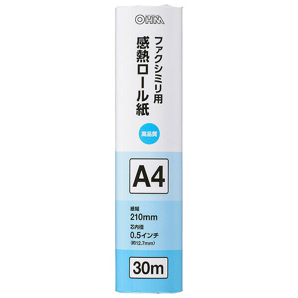 ファクシミリ用の感熱ロール紙。【特徴】●安定したコーティング技術により印刷した文字がくっきり見える【仕様】サイズA4入数1対応機種ファクシミリ規格30m【使用場所】●ファクシミリ【ご注意】●パッケージのリニューアル等により、商品画像が異なる場合がある 【検索用キーワード】 30m FAX OHM オーム電機 おーむでんきファクシミリ用の感熱ロール紙。サイズ：A4　入数：1ファクシミリなどに。