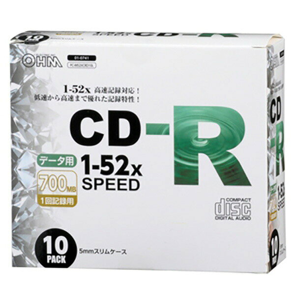 52倍速対応のデータ用CD-R10枚パック。5mmスリムケース入り。【特徴】●低速から高速まで優れた記録特性を備えている●グリーン購入法適合商品である【仕様】材質ポリカーボネート基板サイズ120mm（直径）入数10枚注意レーベル面へのインクジェットプリンター印刷はできません【使用場所】●データ保存 【検索用キーワード】 10枚 オーム電機 700MB OHM おーむでんき52倍速対応のデータ用CD-R10枚パック。5mmスリムケース入り。サイズ：120mm（直径）　入数：10枚データ保存などに。