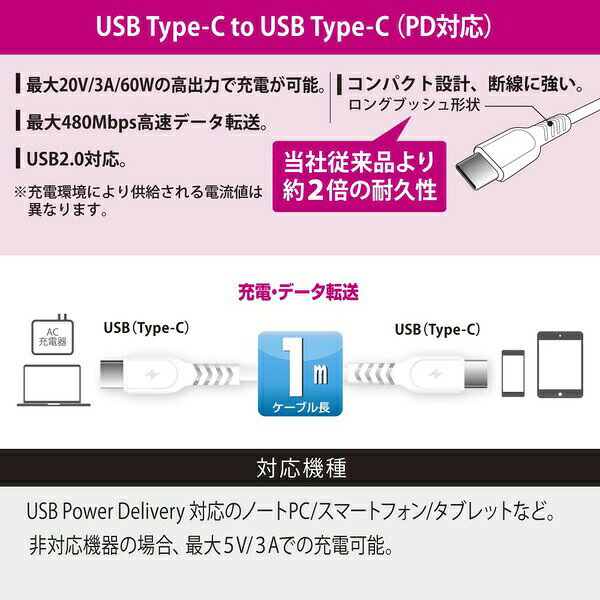 【2個セット】 オーム電機 SMT-L10DCC-W USBケーブル (Type-C to Type-C/PD対応60W/データ転送480Mbps/1m/ホワイト) 3