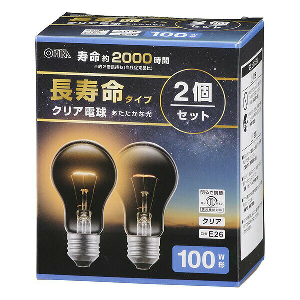 Filament Lamps - オーム電機 LB-DL6695C-2PN 白熱電球 長寿命タイプ (100W形/クリア/1600 lm/95W/E26/電球色/調光機能対応/2個入) 白熱球 電機 エジソン電球 長寿命白熱電球 オーム 長寿命 クリア フィラメント電球