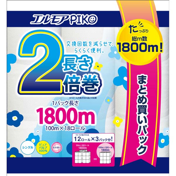 【2個セット】 カミ商事 エルモアピコ2倍巻18ロールシングル 100m 備蓄用 花の香り 消耗品  ...