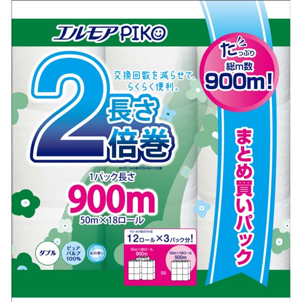 【2個セット】 カミ商事 エルモアピコ2倍巻18ロールダブル 50m 備蓄 備蓄用 花の香り 消耗品 エルモアピコ シングル ふんわり 防災 エルモア 大容量 トイレ用品 トイレットペーパー やわらか ダブル トイレットロール