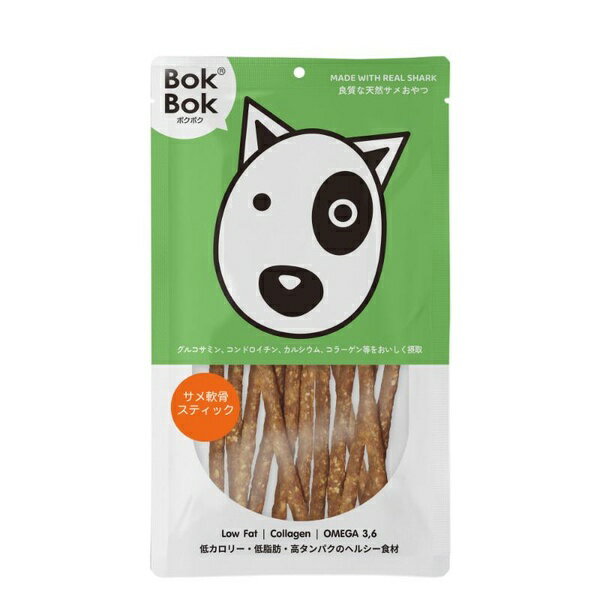 サメ軟骨たっぷり！食べやすく、また手でちぎって与えることができる、サメ軟骨とサメ肉を細かく砕いて焼き上げたスティックタイプのボクボクです。スティック状で食べやすいので、超小型犬や歯が弱くなったシニア犬にもおすすめです。・原材料：サメ軟骨、サメ正肉、小麦グルテン、グリセリン、ソルビン酸カリウム、安息香酸ナトリウム、着色料・保証成分：粗タンパク質47％以上、粗脂肪2％以上、粗繊維0.2％以下、粗灰分21％以下、水分18％以下・エネルギー：232kcal/100g