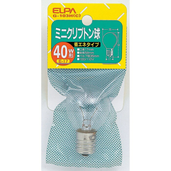 ●40W形省エネタイプ●消費電力38Wで40W相当の明るさが得られます。(当社比)●アルゴンガスよりも熱伝導率の低いクリプトンガスの封入で長寿命を実現した電球です。外径のコンパクト化によってスポットライト、ダウンライトなど幅広く使用できます。仕様■定格電圧：100/110V■定格消費電力：38W■定格寿命：約2,000時間■本体サイズ：全長58×バルブ径35(mm)■口金：E17■入数：1個■カラー：クリア