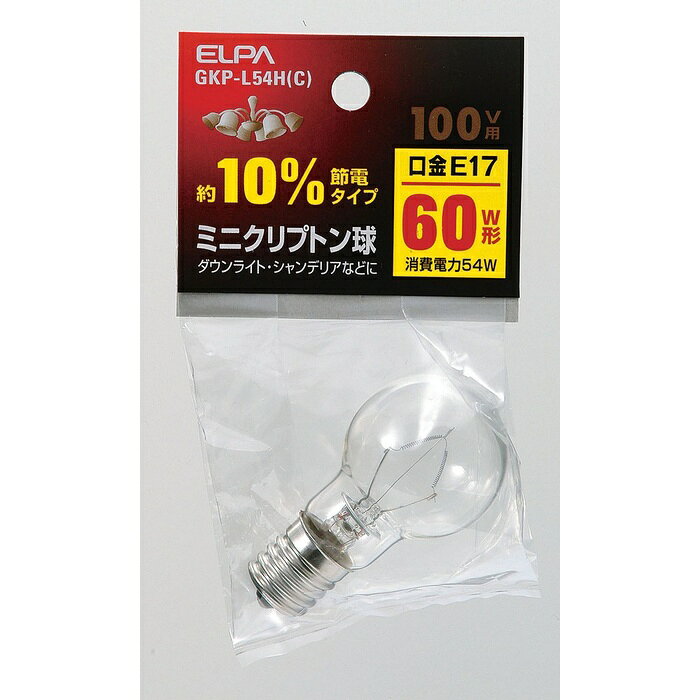 ●60W形約10％節電タイプ●アルゴンガスよりも熱伝導率の低いクリプトンガスの封入で長寿命を実現した電球です。外径のコンパクト化によってスポットライト、ダウンライトなど幅広く使用できます。仕様■定格電圧：100V■定格消費電力：54W■定格寿命：約2,000時間■本体サイズ：全長67×バルブ径35(mm)■口金：E17■入数：1個■カラー：クリア
