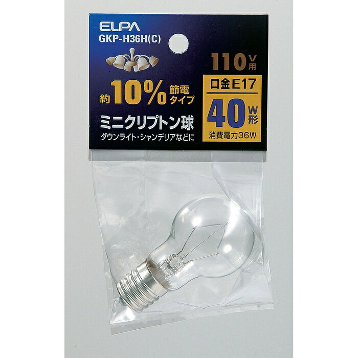 ●40W形約10％節電タイプ●アルゴンガスよりも熱伝導率の低いクリプトンガスの封入で長寿命を実現した電球です。外径のコンパクト化によってスポットライト、ダウンライトなど幅広く使用できます。仕様■定格電圧：110V■定格消費電力：36W■定格寿命：約2,000時間■本体サイズ：全長67×バルブ径35(mm)■口金：E17■入数：1個■カラー：クリア