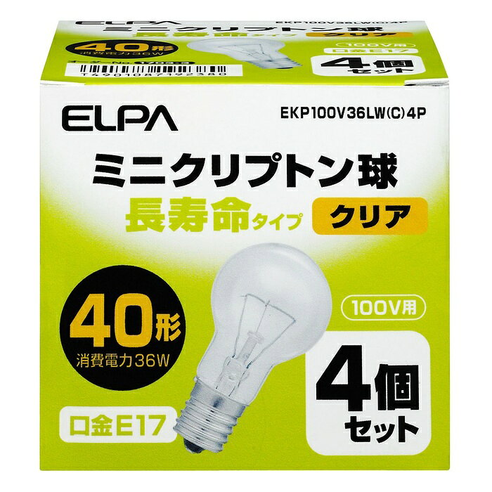 ●40形長寿命タイプ●寿命は約2倍の4,000時間(当社比)●アルゴンガスよりも熱伝導率の低いクリプトンガスの封入で長寿命を実現した電球です。外径のコンパクト化によってスポットライト、ダウンライトなど幅広く使用できます仕様■定格電圧：100V■定格消費電力：36W■定格寿命：4,000時間■本体サイズ：全長67×バルブ径35(mm)■口金E17■入数：4個■カラー：クリア