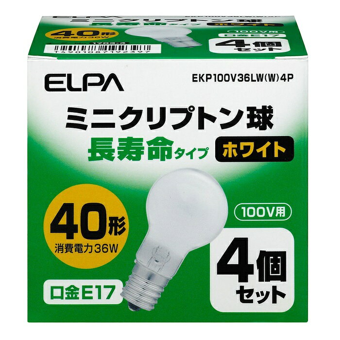 ●40形長寿命タイプ●寿命は約2倍の4,000時間(当社比)●アルゴンガスよりも熱伝導率の低いクリプトンガスの封入で長寿命を実現した電球です。外径のコンパクト化によってスポットライト、ダウンライトなど幅広く使用できます仕様■定格電圧：100V■定格消費電力：36W■定格寿命：4,000時間■本体サイズ：全長67×バルブ径35(mm)■口金E17■入数：4個■カラー：ホワイト