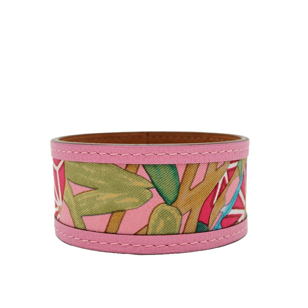 エルメス HERMES プティ アッシュ バングル ブレスレット レザーxシルク レディース ピンク 太め ワイド 本革