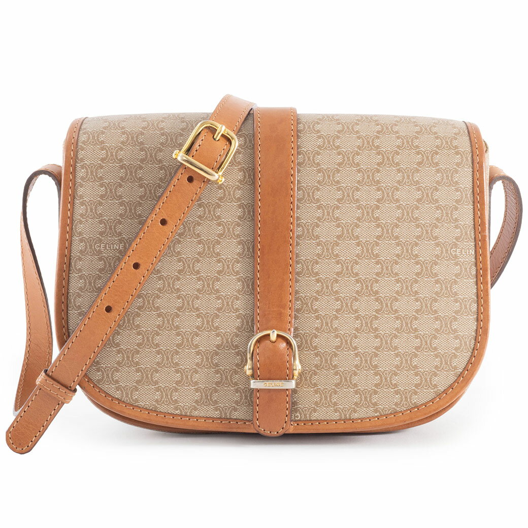 セリーヌ CELINE バッグ 中古 レディース マカダム フラップ ショルダーバッグ M06 ベージュ リング金具