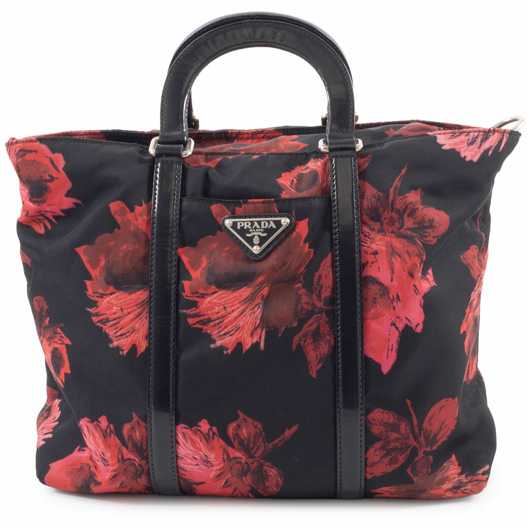 乐天商城 - プラダ PRADA バッグ 中古 トートバッグ フラワープリント BN1066 ナイロン レザー ブラック レッド