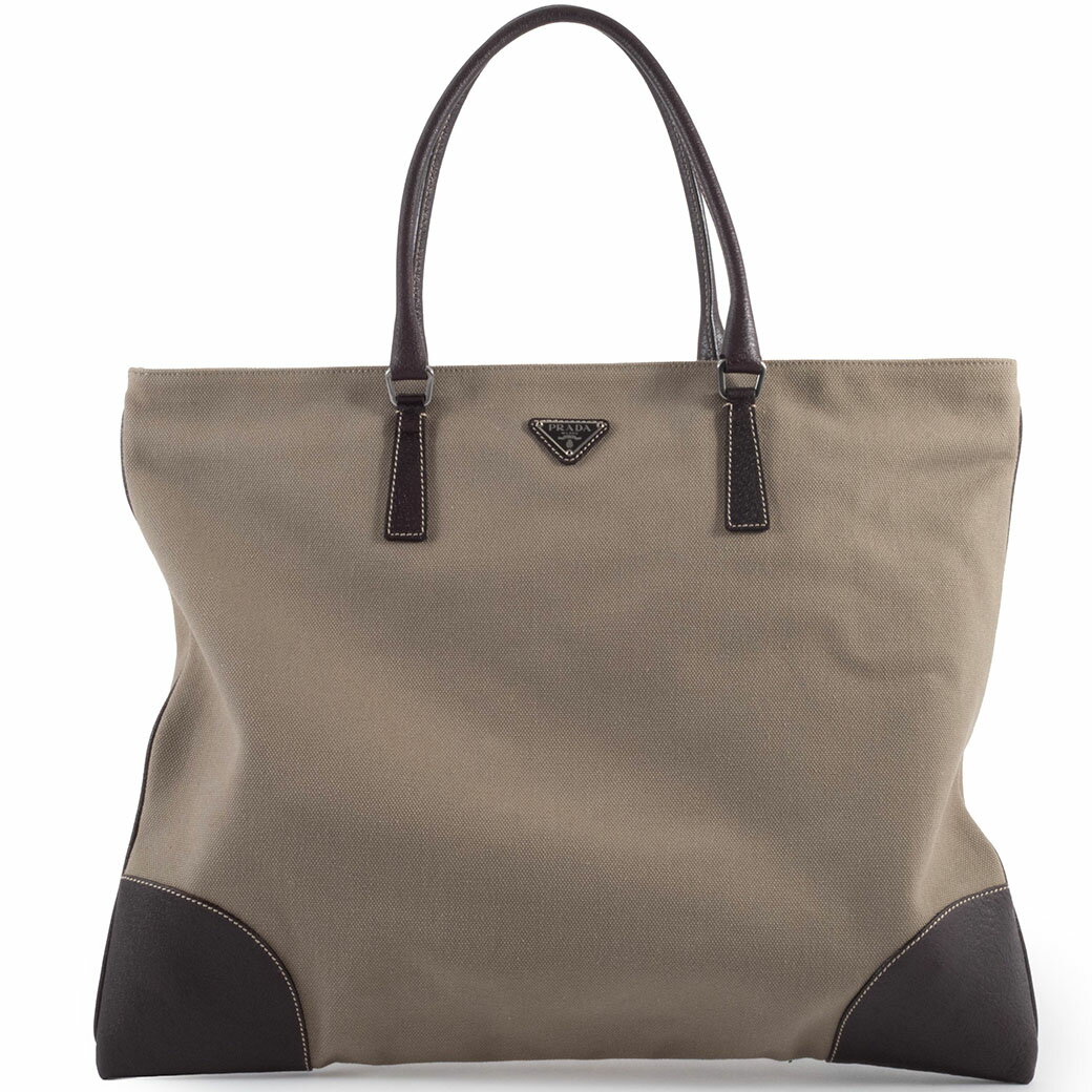 プラダ PRADA バッグ 中古 キャンバス トートバッグ レザー カーキ ブラウン ハンド スクエア 大きめ