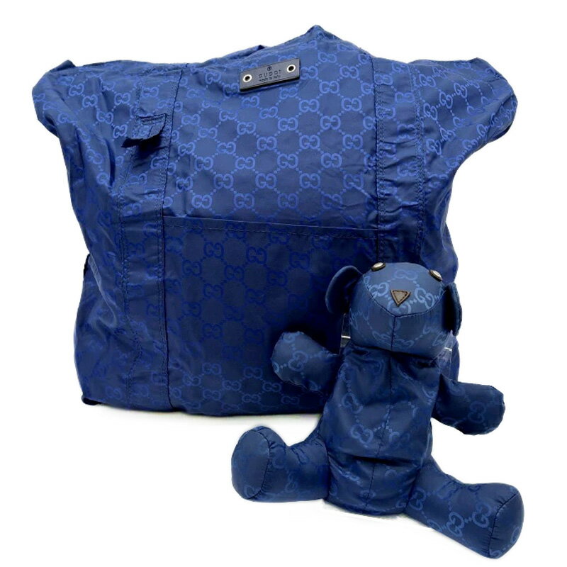 GUCCI - グッチ GUCCI テディベア パッカブル トートバッグ 223669 GGナイロン ネイビー エコバッグ クマ 総柄【中古】