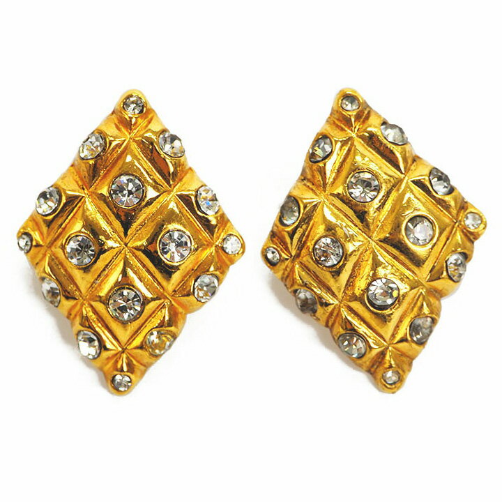 シャネル CHANEL イヤリング ヴィンテージ 中古 マトラッセ ラインストーン クリア ゴールド ひし形
