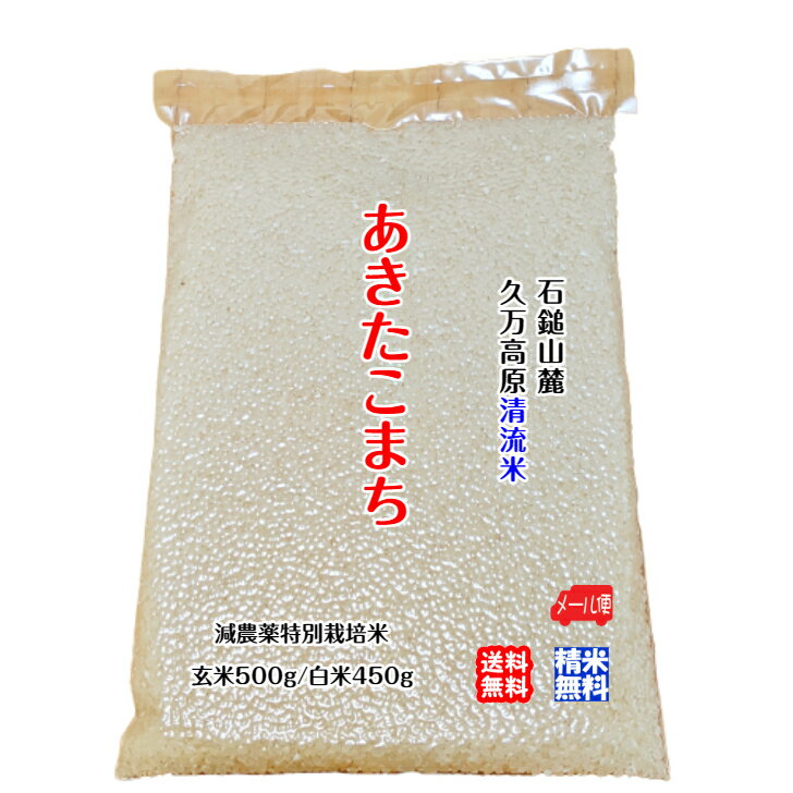 あきたこまち （玄米500g/白米450g） 2023年産 石鎚山麓 久万高原 清流米 減農薬 特別栽培米 高原清流が育んだお米 百姓直送 送料無料 メール便 宇和海の幸問屋 愛媛百貨店