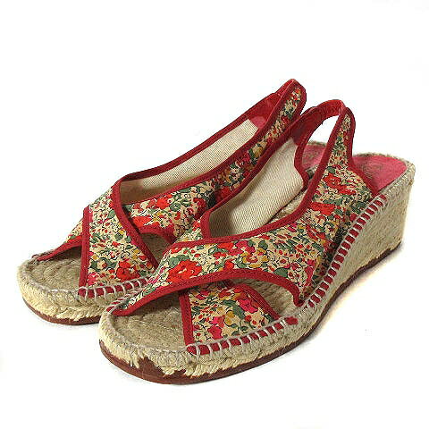 【中古】カルザノール Calzanor サンダル クロス エスパドリーユ 花柄 バックストラップ ジュート 赤 レッド 37 23.5〜24cm レディース 【ベクトル 古着】 240519