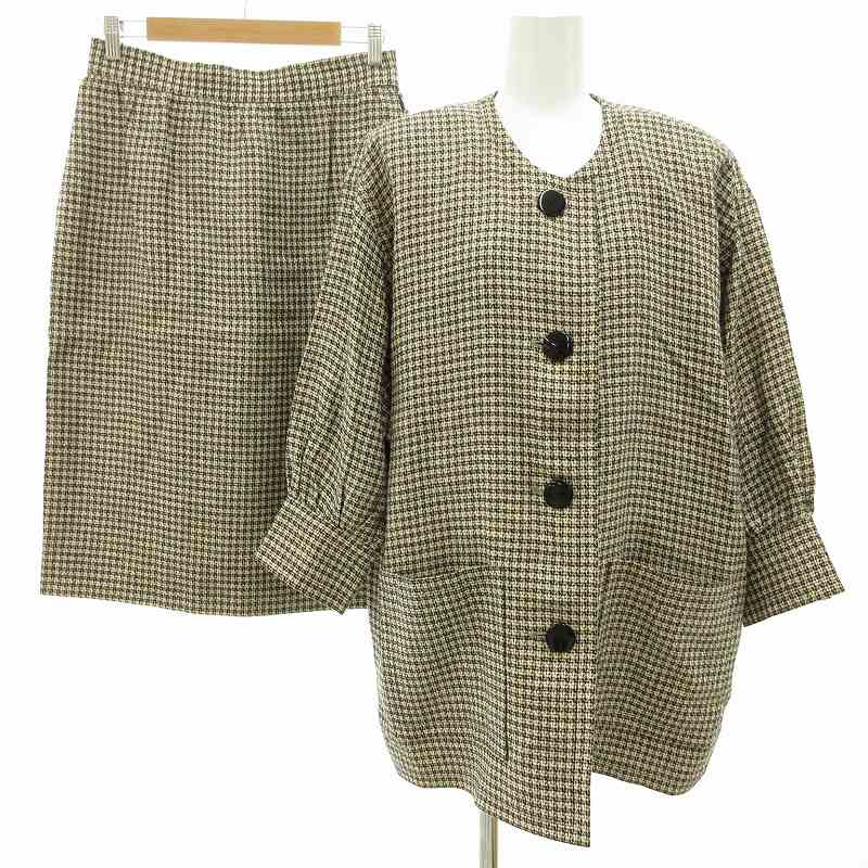 【中古】ジバンシィ GIVENCHY ヌーベルブティック ヴィンテージ スカートスーツ セットアップ ノーカラージャケット タイトスカート 麻 リネン チェック柄 6 S ベージュ 黒 ブラック /UO 1119 レディース 【ベクトル 古着】 241119