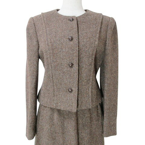 【中古】東京スタイル セットアップ スーツ ツイード ノーカラー ジャケット スカート ひざ丈 タイト ウール 茶 ブラウン X レディース 【ベクトル 古着】 250125