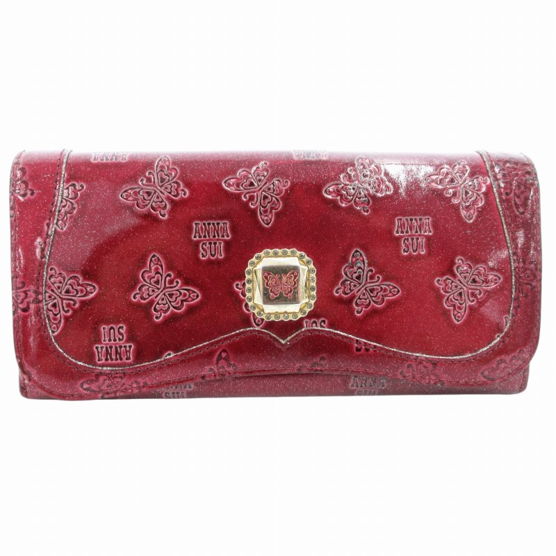 【中古】アナスイ ANNA SUI 長財布 ウォレット ロゴ 蝶々柄 フラップ エナメル ワインレッド /GV ■GY99 レディース 【ベクトル 古着】 250718