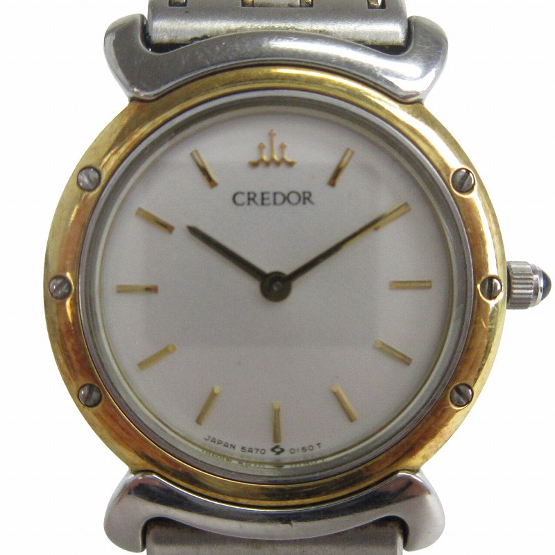 【中古】セイコー SEIKO クレドール CREDOR 腕時計 アナログ クオーツ 2針 ラウンドフェイス SS×18KT 5A70-0040 文字盤ホワイト シルバーカラー ウォッチ ■SM1 レディース 【ベクトル 古着】 240510