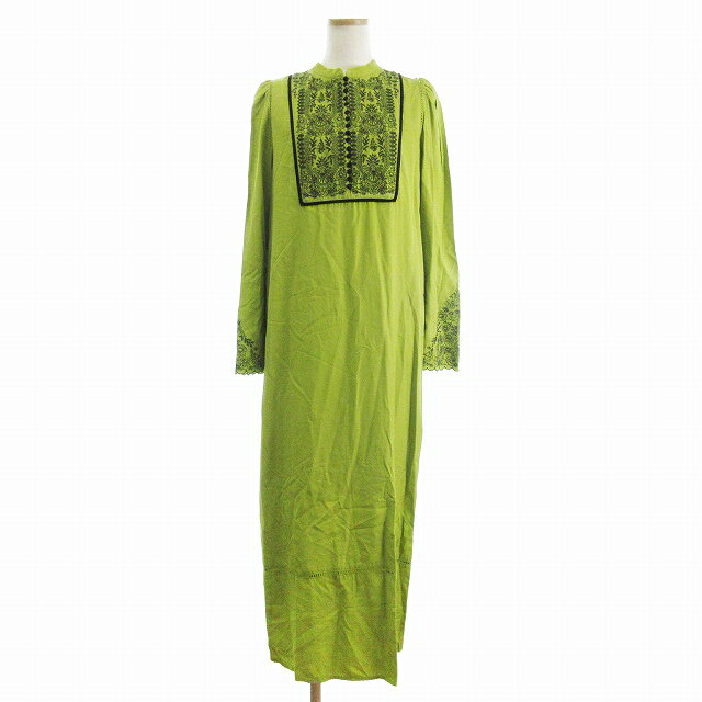【中古】アメリヴィンテージ Ameri VINTAGE 21AW エルフィンエンブロイダリーカフタンドレス ワンピース 長袖 ロング丈 刺繍 Iライン 黄緑 イエロー系 M ■FF レディース 【ベクトル 古着】 250701