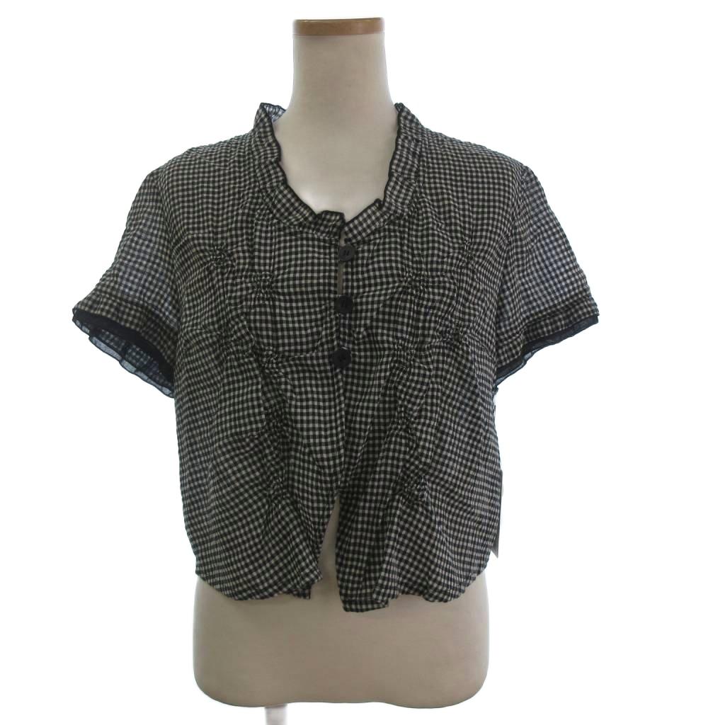 【中古】未使用品 t.b ティービー センソユニコ タグ付き セットアップ ブラウス シャツ 半袖 スカート ロング丈 フレア フリル リネン混 ギンガムチェック 黒 白 ブラック ホワイト 38 ■FF レディース 【ベクトル 古着】 250815