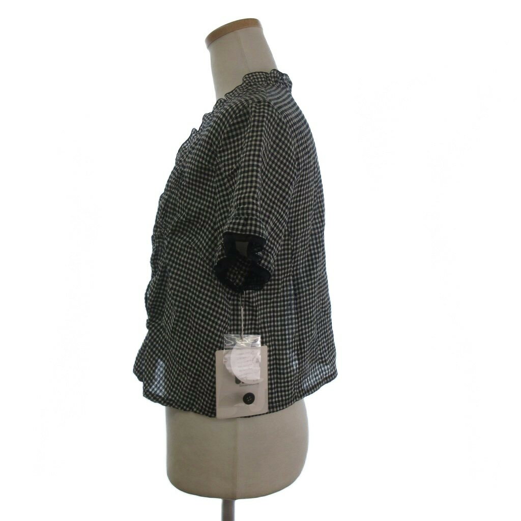 【中古】未使用品 t.b ティービー センソユニコ タグ付き セットアップ ブラウス シャツ 半袖 スカート ロング丈 フレア フリル リネン混 ギンガムチェック 黒 白 ブラック ホワイト 38 ■FF レディース 【ベクトル 古着】 250815