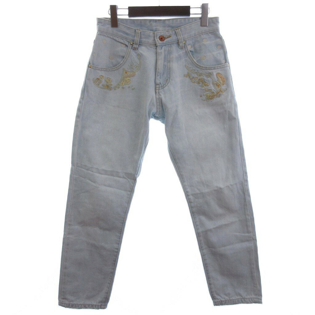 【中古】フランシュリッペ franche lippee デニムパンツ ジーンズ ストレート きのこ 刺繍 ライトブル..