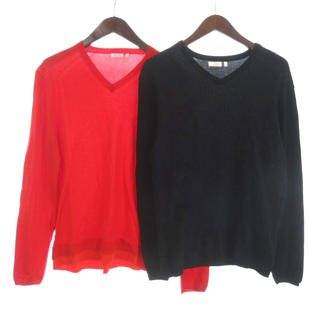 樂天商城 - 【中古】カルバンクライン CALVIN KLEIN 2点 セット まとめ ニット カットソー 長袖 Vネック L 黒 ブラック 赤 レッド ■GY99 メンズ 【ベクトル 古着】 260410