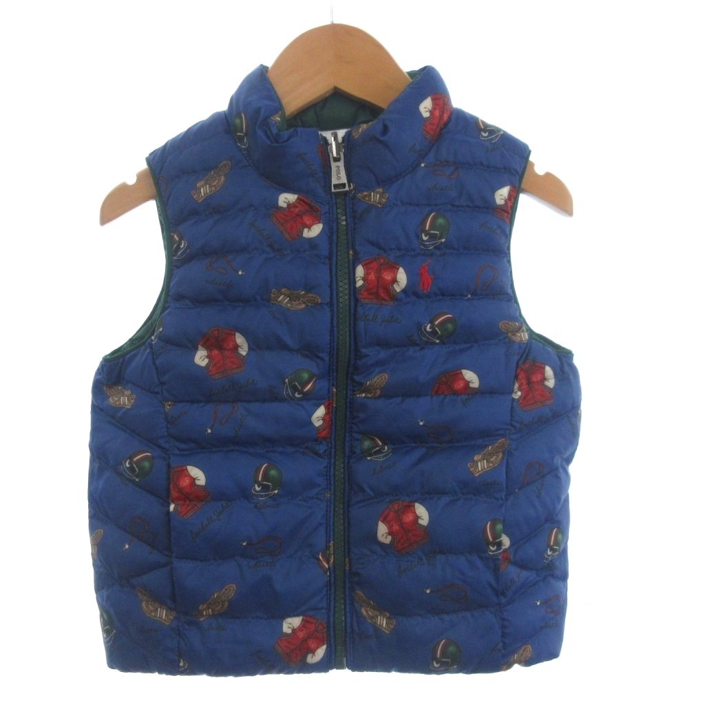 【中古】未使用品 ポロ ラルフローレン POLO RALPH LAUREN タグ付き 中綿ベスト リバーシブル フルジップ 前開き 総柄 紺 緑 グリーン ネイビー 3 100cm キッズ 【ベクトル 古着】 260317