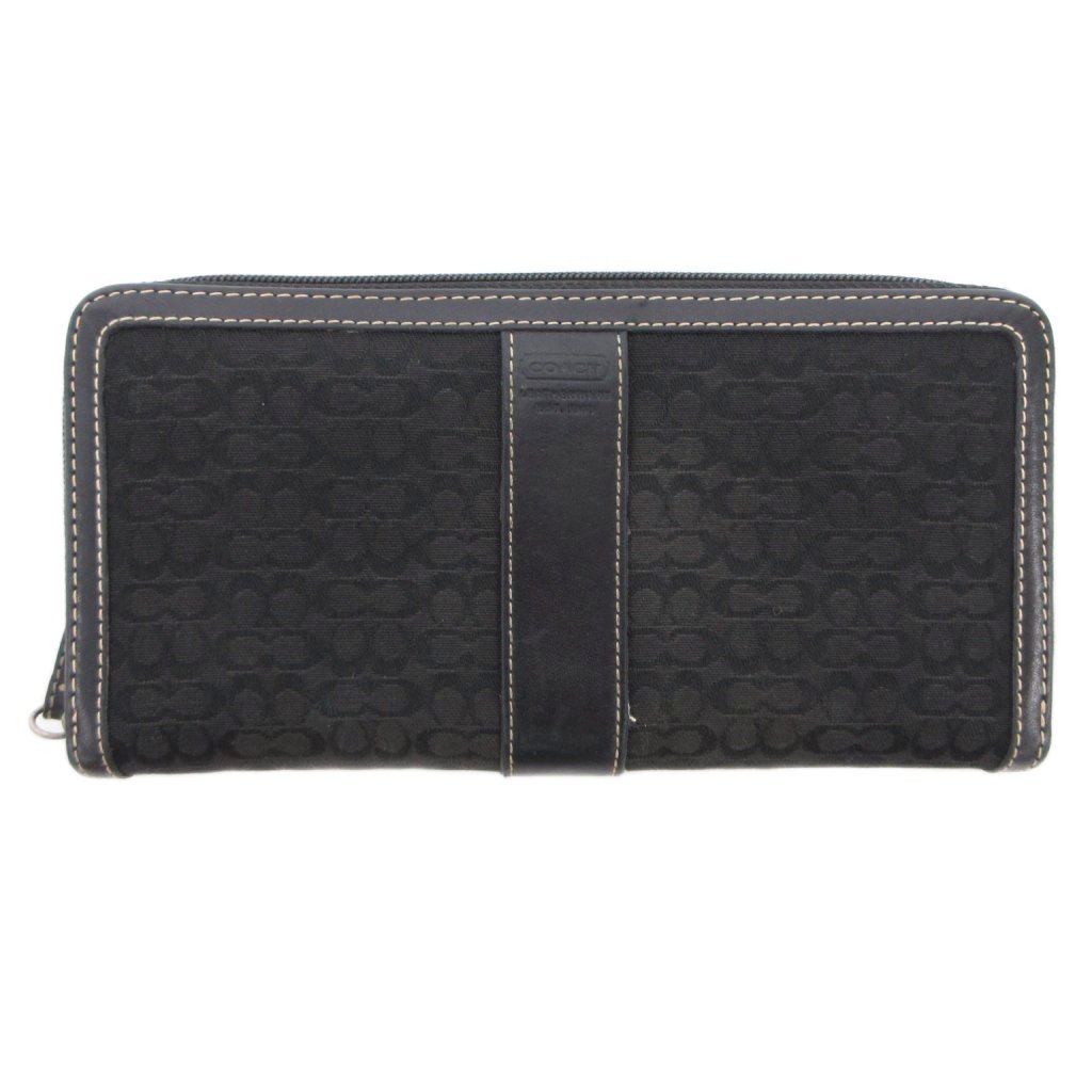 【中古】コーチ COACH 長財布 ウォレット ラウンドファスナー シグネチャー キャンバス レザー 黒 ブラック /JS 【ベクトル 古着】 260508