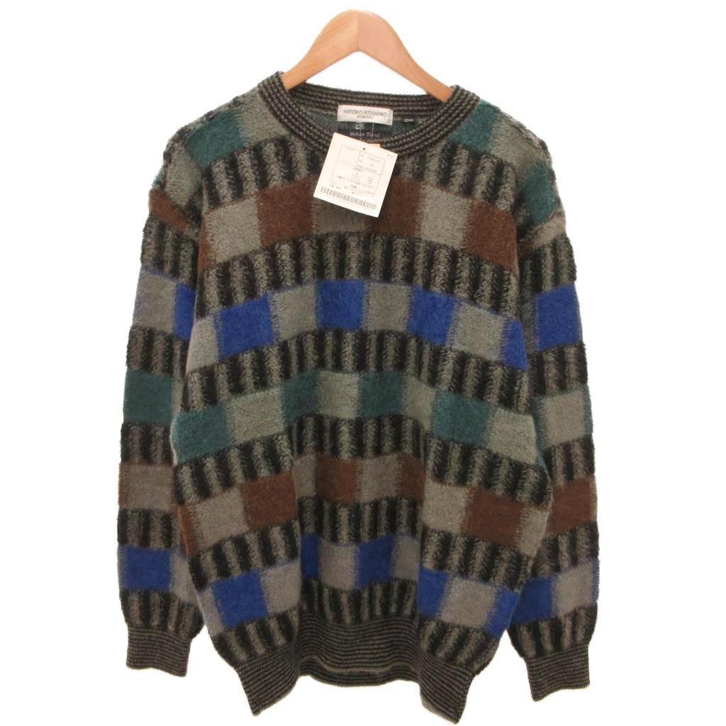 樂天商城 - 【中古】未使用品 ヒロココシノ HIROKO KOSHINO HOMME タグ付き モヘア混ニット セーター パッチワークデザイン チェック F グレー 茶 ブラウン 青 ブルー /JS ■GY99 メンズ 【ベクトル 古着】 260502
