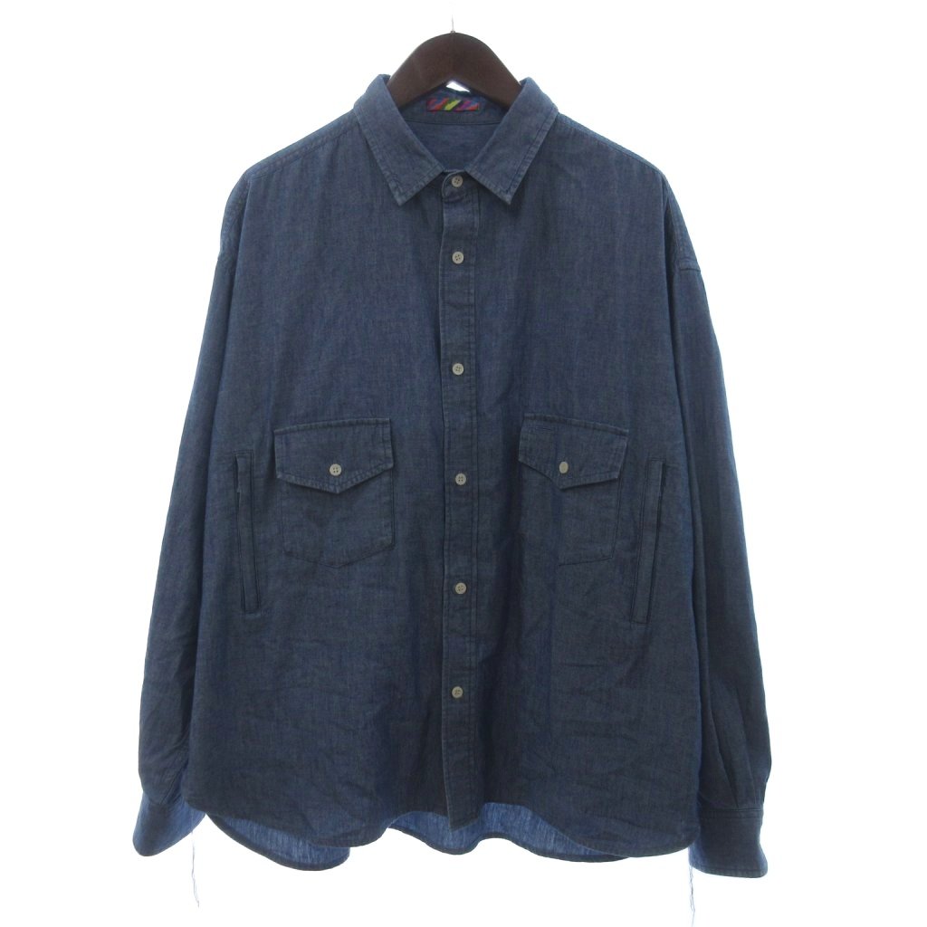イズネス is-ness 美品 DUNGAREE SHIRT シャンブレーシャツ ポケット 長袖 コットン 青 ブルー L メンズ  260527