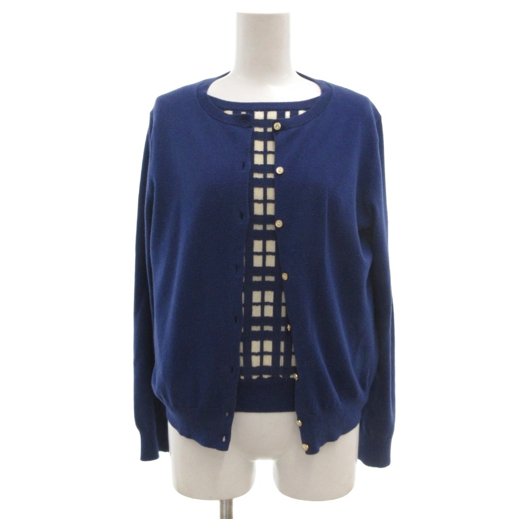 【中古】クミキョク 組曲 KUMIKYOKU アンサンブル ニット カーディガン 2 青 ブルー 無地 チェック柄 長袖 絹 シルク混 /IB レディース 【ベクトル 古着】 260609