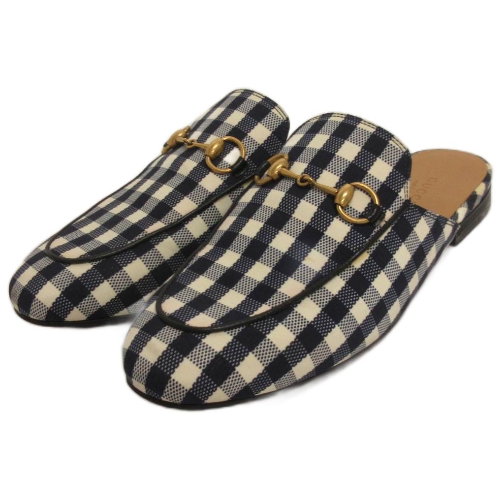 gucci///////////////\' - 【中古】グッチ GUCCI プリンスタウン チェック柄 ホースビット サンダル スリッパ スリッポン 423514 ネイビー系 37 レディース 【ベクトル 古着】 260612
